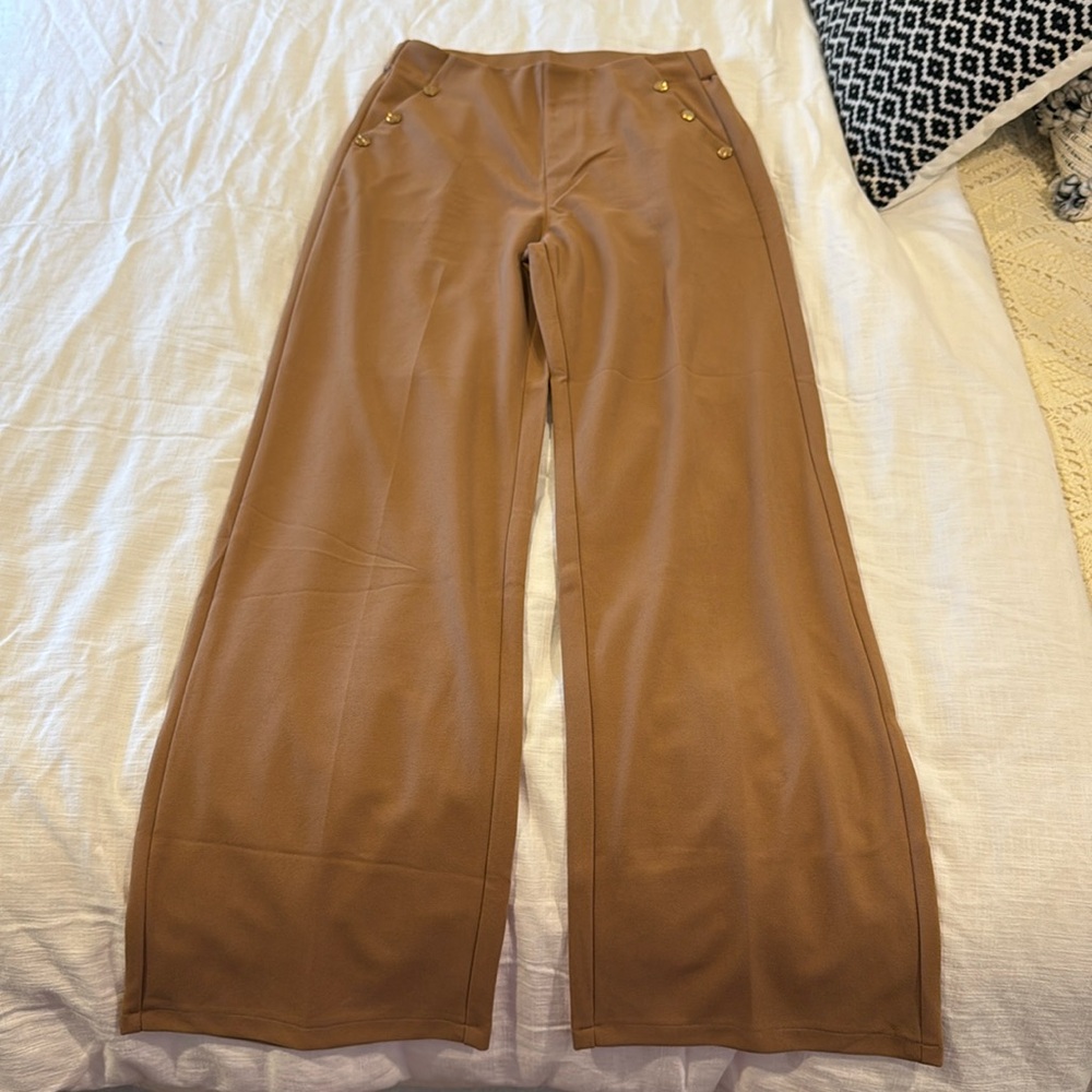 High waisted tan stretchy work trousers with gold detail